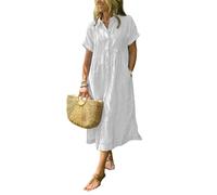 Striped Dress for Women Button Up Dress for Women with Pockets, Lapel Collar for Vacation Beach Travel Daily Outfits (White,XXL)