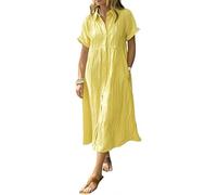 Striped Lapel Button Shirt Dress for Women with Functional Pockets, Summer Casual Button Down Stripe Midi Shift Dress (Yellow,M)