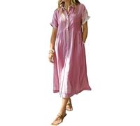 Striped Lapel Button Shirt Dress for Women with Functional Pockets, Summer Casual Button Down Stripe Midi Shift Dress (Red,5XL)
