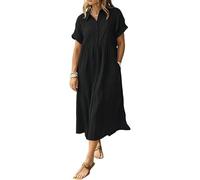 Striped Lapel Button Shirt Dress for Women with Functional Pockets, Summer Casual Button Down Stripe Midi Shift Dress (Black,L)