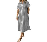 Striped Lapel Button Shirt Dress for Women with Functional Pockets, Summer Casual Button Down Stripe Midi Shift Dress (Gray,M)