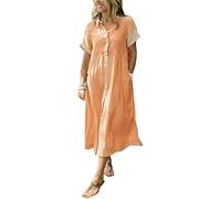 Striped Lapel Button Shirt Dress for Women with Functional Pockets, Summer Casual Button Down Stripe Midi Shift Dress (Orange,4XL)
