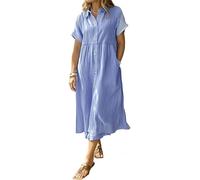 Striped Lapel Button Shirt Dress for Women with Functional Pockets, Summer Casual Button Down Stripe Midi Shift Dress (Blue,XXL)