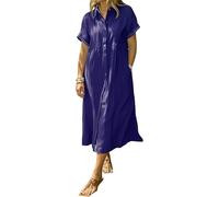 Striped Lapel Button Shirt Dress for Women with Functional Pockets, Summer Casual Button Down Stripe Midi Shift Dress (Navy,L)