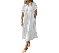 Striped Lapel Button Shirt Dress for Women with Functional Pockets, Summer Casual Button Down Stripe Midi Shift Dress (White,5XL)