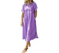 Striped Lapel Button Shirt Dress for Women with Functional Pockets, Summer Casual Button Down Stripe Midi Shift Dress (Purple,4XL)