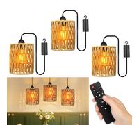 Strixorn - Lámpara colgante de ratán con batería de 3 piezas, E27 retro con interruptor de ajuste de intensidad, colgante vintage recargable, lámpara bohemia, suspensión interior y exterior para