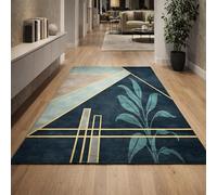 Strloepr Alfombra de pelo corto grande para salón, dormitorio, comedor, alfombra decorativa para sofá, mesa, diseño geométrico floral, azul marino, verde, casa de granja, beis, 185 x 275 cm