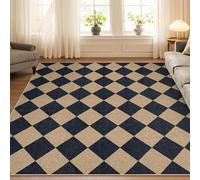 Strloepr Alfombra de pelo corto lavable, felpudo para entrada de cocina, pasillo, diseño geométrico azul marino, beige, 70 x 140 cm
