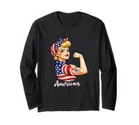 Strong American Girl Woman America Flag USA 4th of July Manga Larga