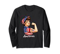 Strong American Girl Woman America Flag USA 4th of July Manga Larga