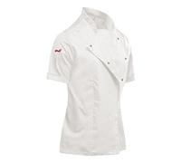 strongAnt Chaqueta de Cocinero para Mujer, elástica, Uniforme de Chef Profesional, con Tira de Botones a presión, Manga Corta - Blanco, 2XL