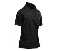 strongAnt Chaqueta de Cocinero para Mujer, elástica, Uniforme de Chef Profesional, con Tira de Botones a presión, Manga Corta - Negro, 3XL