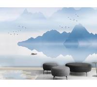 STROXTH WALLPAPER Papel Pintado Paisajes naturales 400cmx280cm Cimas De Montañas Océanos Y Aves En Vuelo En Tonos Azules 3D Fotográfico Sala Estar Dormitorio Decoración Papel