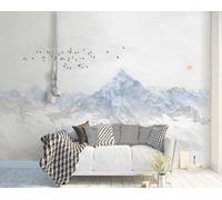 STROXTH WALLPAPER Papel Pintado Pájaros en una montaña nevada 300cmx256cm Montañas Azules Cubiertas De Nieve Sol Carmesí Y Pájaros En Vuelo 3D Fotográfico Sala Estar Dormitorio Decoración Papel