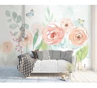 STROXTH WALLPAPER Papel Pintado Rosas en acuarela 150cmx105cm Plantas Tropicales Flores Y Follaje Pintados A Mano 3D Fotográfico Sala Estar Dormitorio Decoración Papel