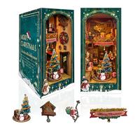 Strucwood Kit de rincón de libro de Navidad con luz LED, rompecabezas de madera 3D para decoración de estantes de libros, kit de casa de muñecas de bricolaje, decoración de rincón de libro con