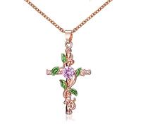 Sttiafay Collar de cruz de cristal, cadena de hoja, chapado en oro rosa, cadena larga, joya para mujeres y adolescentes (oro rosa)