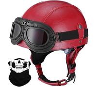 STTTBD Casco de Media Carcasa de Cuero Vintage, Casco Retro de Motocicleta con Gafas, Hebilla de liberación rápida, homologación Dot/ECE, para Adultos, Estilo Jet, Crucero y Scooter. F,L=59-60cm