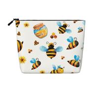 sttung Bolsa de maquillaje de lino de imitación de una sola capa con estampado de abeja de dibujos animados para mujer, bolsa de aseo de viaje con cremallera, Black, Talla única