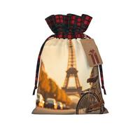 sttung Bolsa de regalo con cordón de Navidad con estampado de Torre Eiffel y una bicicleta, bolsa de regalo festiva, bolsa de embalaje colorida para fiestas de Navidad