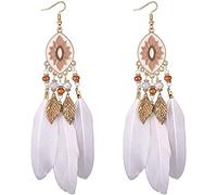 Stud Earrings,Vintage Tassel Earrings Handmade Feather Long Earrings Bohemian National Wind Drop Oil Geometric Ear Jewelry/White
