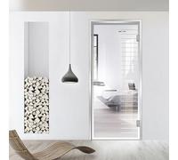 Studio - Puerta interior de cristal con bisagras plateadas con marco, modelo Supreme, vidrio de seguridad templado transparente de 8 mm, decoración incolor, marco en L, se adapta a apertura de 90 x