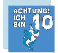 Stuff4 10. Tarjeta de cumpleaños para niño y niña, diseño de tiburón con texto en alemán "Ich bin 10"