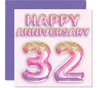Stuff4 Bonita tarjeta de 32 aniversario para esposa, novia, marido, novio, globos de purpurina rosa y morada, tarjetas de feliz 32 aniversario de la familia, tarjetas de felicitación de 145 mm para