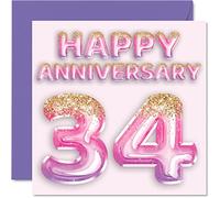 Stuff4 Bonita tarjeta de 34 aniversario para esposa, novia, marido, novio, globos de purpurina rosa y morada, tarjetas de feliz 34 aniversario de la familia, tarjetas de felicitación de 145 mm para