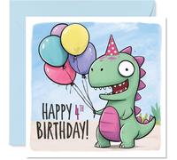 Stuff4 Bonita tarjeta de 4º cumpleaños, diversión ruidosa con un dinosaurio
