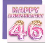 Stuff4 Bonita tarjeta de 46 aniversario para esposa, novia, marido, novio, globos de purpurina rosa y morada, tarjetas de feliz 46 aniversario de la familia, tarjetas de felicitación de 145 mm para