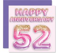 Stuff4 Bonita tarjeta de 52 aniversario para esposa, novia, marido, novio, globos de purpurina rosa y morada, tarjetas de feliz 52 aniversario de la familia, tarjetas de felicitación de 145 mm para