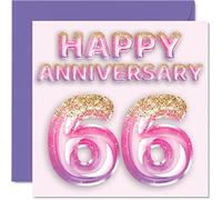 Stuff4 Bonita tarjeta de 66 aniversario para esposa, novia, marido, novio, globos de purpurina rosa y morada, tarjetas de feliz 66 aniversario de la familia, tarjetas de felicitación de 145 mm para