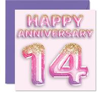 Stuff4 Bonita tarjeta de aniversario de marfil para esposa, novia, marido, novio, globos de purpurina rosa y morada, tarjetas de felicitación de 145 mm para aniversarios