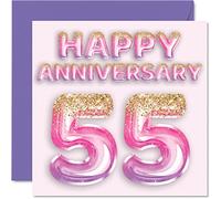 Stuff4 Bonita tarjeta de aniversario esmeralda para esposa, novia, marido, novio, globo rosa y morado con purpurina, tarjetas de feliz 55 aniversario de la familia, tarjetas de felicitación de 145 mm