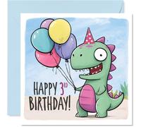 Stuff4 Bonita tarjeta de tercer cumpleaños, dinosaurio sonriente y globos