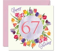 Stuff4 Hermosas tarjetas de cumpleaños número 67 para mujer, ramo de flores de tulipanes de acuarela, tarjeta de feliz cumpleaños para su abuela, niñera, abuela, abuela, abuela, mamá, 145 mm, bonitas