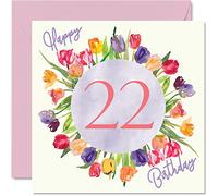 Stuff4 Bonitas tarjetas de cumpleaños número 22 para mujer, ramo de tulipanes de acuarela, 145 mm