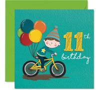 Stuff4 Divertida tarjeta de cumpleaños número 11 - Globos, bicicletas y diversión de cumpleaños - ilustración alegre con sombrero de fiesta y globos de colores - cuadrado de 5.7 pulgadas, sobre