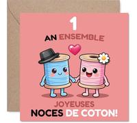 Stuff4 Douce Carte d'Anniversaire de Mariage 1 Ans - un an d'Amour Célébré avec Tendresse - Deux Petites Bobines de Fil Main dans la Main sur Fond Coloré - 145 mm Carré, Enveloppe Incluse