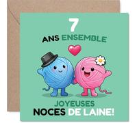 Stuff4 Douce Carte d'Anniversaire de Mariage 7 Ans - Deux Pelotes de Laine Joyeuses et des Cœurs Colorés - Illustration Festive et Pleine de Tendresse - 145 mm Carré, Enveloppe Incluse