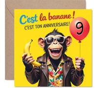 Stuff4 Drôle Carte d'Anniversaire 9 Ans - Ambiance Joyeuse Garantie - Singe Rigolo Tenant une Banane et un Ballon - 145 mm Carré, Enveloppe Incluse
