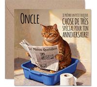 Stuff4 Drôle Carte d'Anniversaire pour Oncle - Clin d'Œil Espiègle - Chat Malin Lisant Son Journal dans la Litière - 145 mm Carré, Enveloppe Incluse