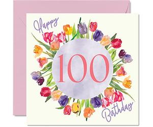 Stuff4 Hermosas tarjetas de cumpleaños número 100 para mujer, ramo de flores de tulipanes de acuarela, tarjeta de feliz cumpleaños para su bisabuela, niñera, regalos grandes, tarjetas de felicitación