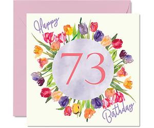 Stuff4 Hermosas tarjetas de cumpleaños número 73 para mujer, ramo de flores de tulipanes de acuarela, tarjeta de feliz cumpleaños para su abuela, niñera, abuela, abuela, abuela, mamá, 145 mm, bonitas