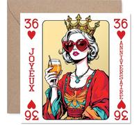 Stuff4 Ludique Carte d'Anniversaire 36 Ans - Ambiance Royale et Festive - Illustration d'une Reine Joyeuse aux Lunettes en Cœur, Verre à la Main - 145 mm Carré, Enveloppe Incluse