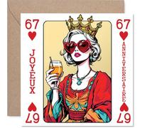 Stuff4 Ludique Carte d'Anniversaire 67 Ans - un Brin de Folie Festive - Illustration Femme Élégante Couronnée avec Lunettes Cœur et Verre à la Main - 145 mm Carré, Enveloppe Incluse