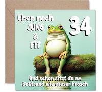 Stuff4 Lustige Geburtstagskarte zum 34. Geburtstag - Humorvoll Über das Älterwerden Schmunzeln - Dicker Frosch auf Baumstamm mit Witzigem Spruch - 145 mm Quadratisch, Umschlag Inklusive