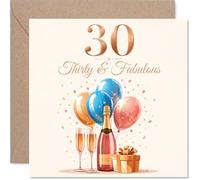 Stuff4 Milestone - Tarjeta de 30 cumpleaños - Treinta y fabulosas celebraciones - Oro rosa 30 con globos, champán y regalo, cuadrado de 5.7 pulgadas, sobre incluido